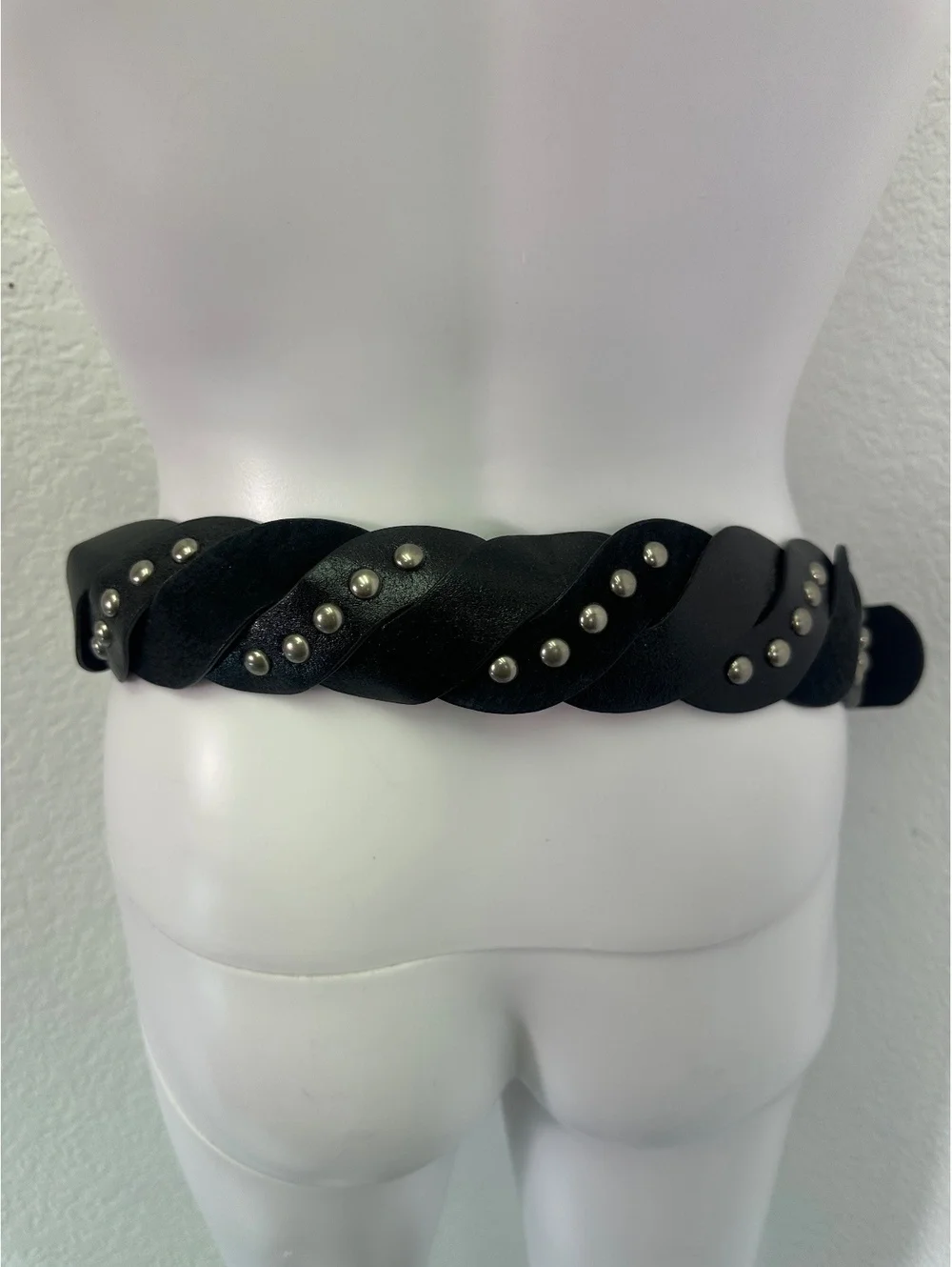 Black Braided Studded PU Leather Silver Toned Wide Belt Gothic Punk